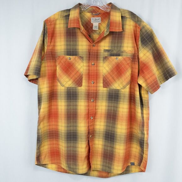 LL Bean Otter Cliff Shirt Mens Large Plaid Orange Yellow Zip Pocket Cotton Poly - Picture 1 of 16
